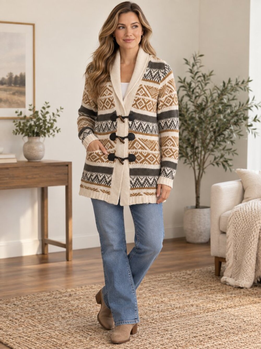 Merona Fair Isle Nordic Toggle Cardigan Sweater Cream Brown Size M